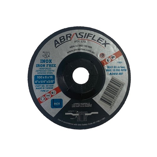 Abrasiflex DC1035 Depressed Centre Metal Grinding Wheels - Iron Free 100 x 6 x 16 A36U  I/F