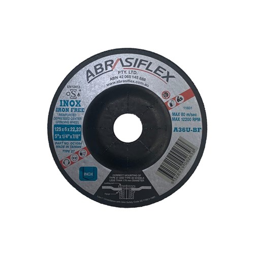 Abrasiflex DC1084 Depressed Centre Metal Grinding Wheels - Iron Free 125 x 6 x 22 A36U  I/F