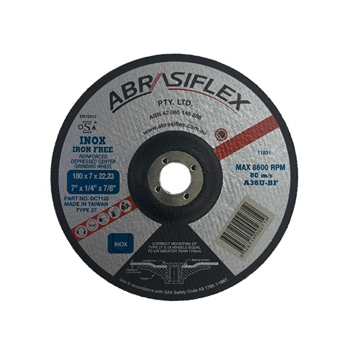 Abrasiflex DC1125 Depressed Centre Metal Grinding Wheels - Iron Free 180 x 7 x 22 A36U  I/F