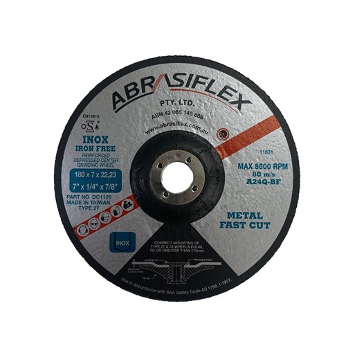 Abrasiflex DC1126 Depressed Centre Metal Grinding Wheels - Iron Free 180 x 7 x 22 A24S  I/F