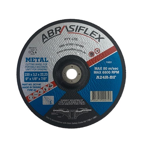 Abrasiflex DC1140 Depressed Centre Metal Cutting Wheels 230 x 3.2 x 22 A24R