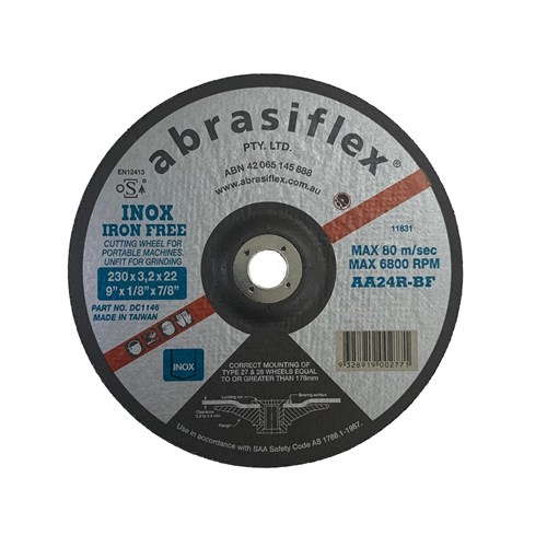 Abrasiflex DC1146 Depressed Centre Metal Cutting Wheels - Iron Free 230 x 3.2 x 22 A24R  I/F