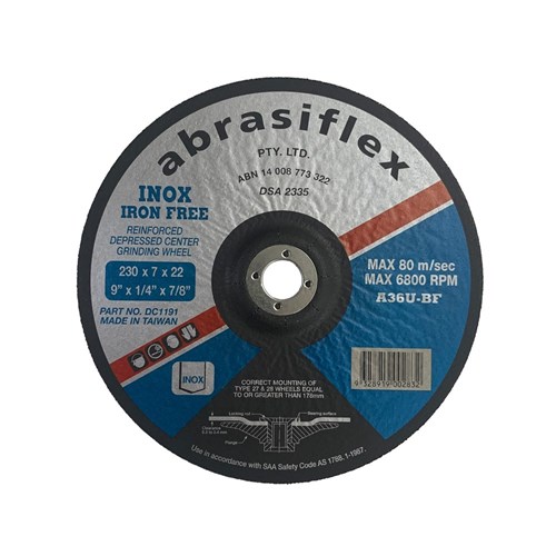 Abrasiflex DC1191 Depressed Centre Metal Grinding Wheels - Iron Free 230 x 7 x 22 A36U  I/F