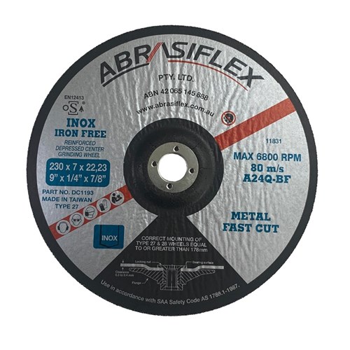 Abrasiflex DC1193 Depressed Centre Metal Grinding Wheels - Iron Free 230 x 7 x 22 A/WA24Q  I/F