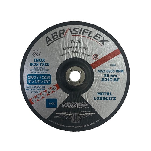 Abrasiflex DC1195 Depressed Centre Metal Grinding Wheels - Iron Free 230 x 7 x 22 A24T  I/F