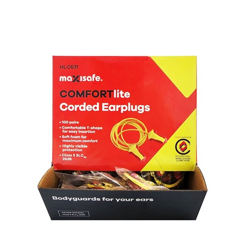 COMFORTLITE T-SHAPE CORDED EARPLUGS, CLASS 5 26DB BOX OF 100 PAIRS