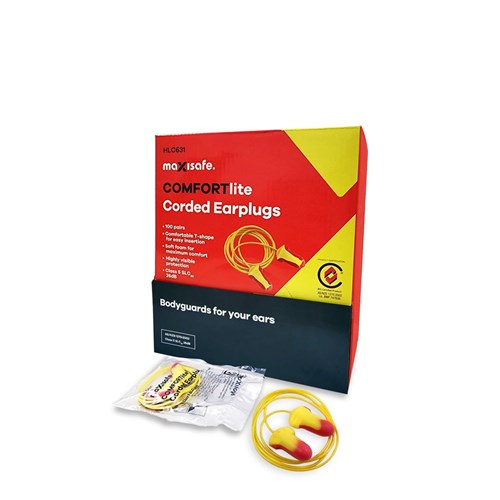 COMFORTLITE T-SHAPE CORDED EARPLUGS, CLASS 5 26DB BOX OF 100 PAIRS