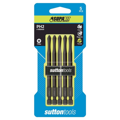 SUTTON SCREWDRIVER BIT S151 PHILLIPS PH2 100MM POWER 5PK SUPABIT