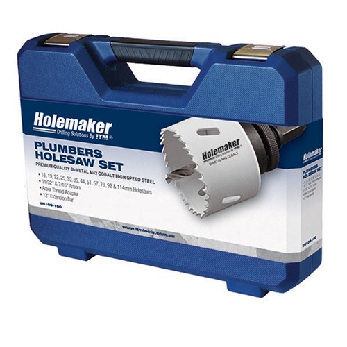 HOLEMAKER UN108-160 COBALT HOLESAW SET, PLUMBERS SET, 16,19,22,25,30,35,44,51,57,73,92,114MM PLUS ARBORS